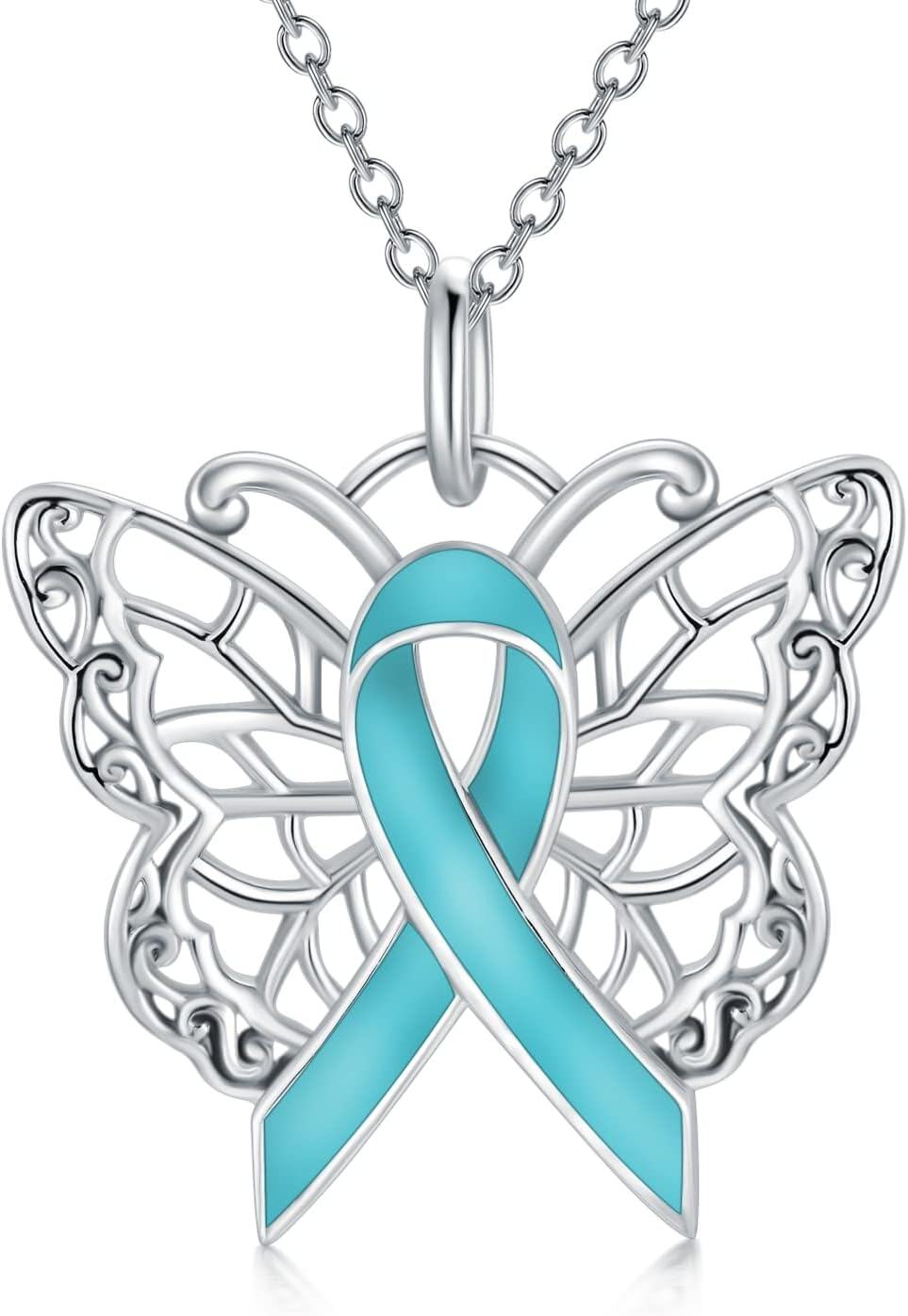  Silver Stone Cancer Survivor Necklace Women s Awareness Gift -01-Butterfly-teal-Ovarian Cancer-01-Butterfly-teal-Ovarian Cancer