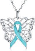 wholesale 925 Sterling Silver Butterfly Teal Ribbon Ovarian Cancer Awareness Pendant Necklace for Women-0-0