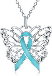 wholesale 925 Sterling Silver Butterfly Teal Ribbon Ovarian Cancer Awareness Pendant Necklace for Women-01-Butterfly-teal-Ovarian Cancer-01-Butterfly-teal-Ovarian Cancer