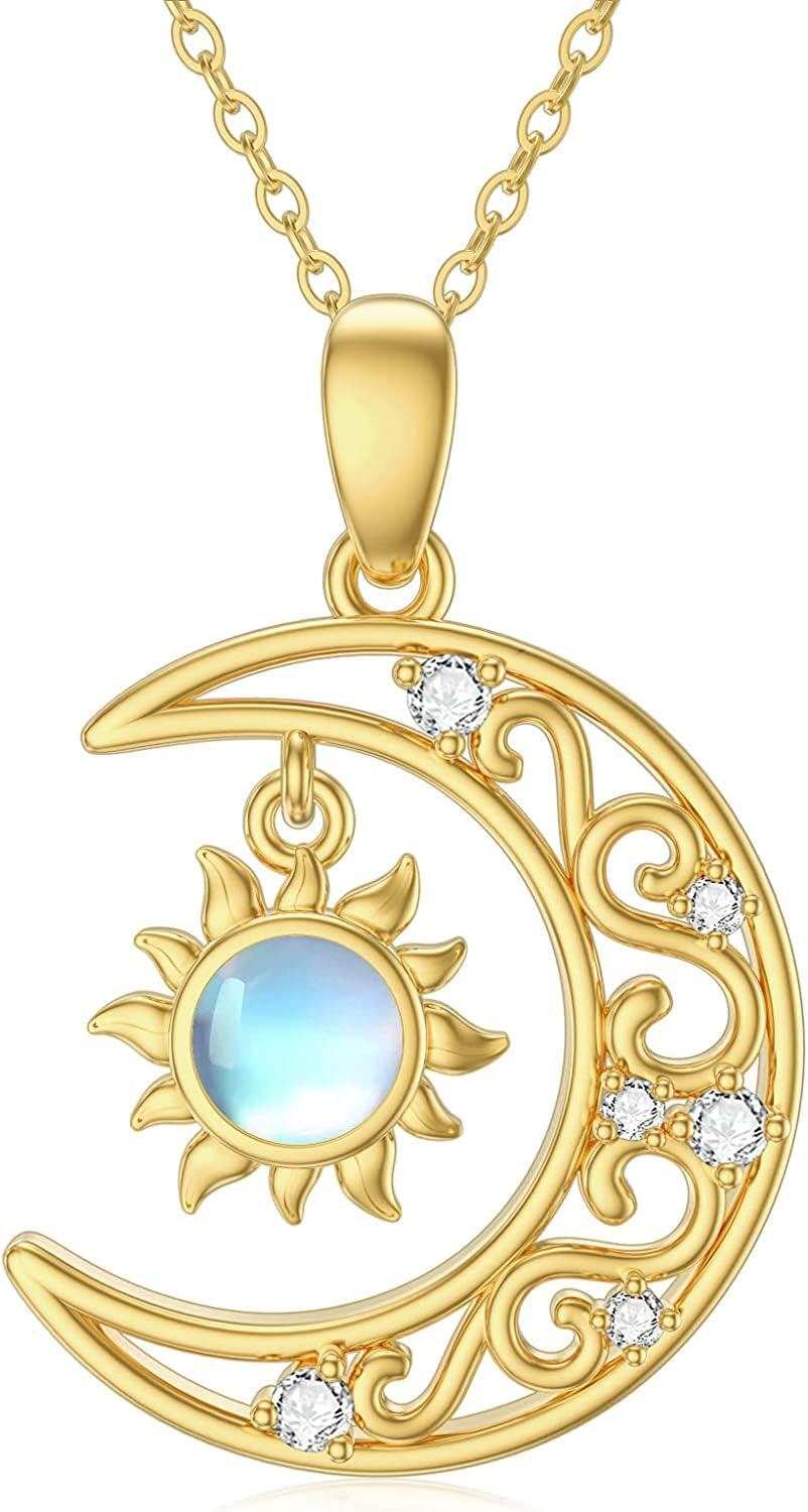 Yellow Gold 14K Moon Pendant Necklace for Women with Stone-Style1-Moon Sun