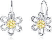 wholesale 925 Sterling Silver Daisy Flower Leverback Dangle Hoop Earrings for Women Christmas Gifts-Daisy Earrings-CZ