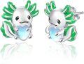 wholesale 925 Sterling Silver Green Enamel Heart Moonstone Axolotl Stud Earrings Gift for Her-0-0