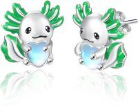 wholesale 925 Sterling Silver Green Enamel Heart Moonstone Axolotl Stud Earrings Gift for Her-Green