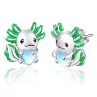 wholesale 925 Sterling Silver Green Enamel Heart Moonstone Axolotl Stud Earrings Wholesale Gift for Her-Green