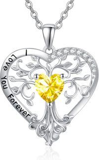 wholesale Sterling Silver Birthstone Tree of Life Heart Pendant Necklace for Women-11 Nov - Citrine