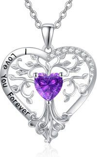 wholesale Sterling Silver Birthstone Tree of Life Heart Pendant Necklace for Women-02 Feb - Amethyst