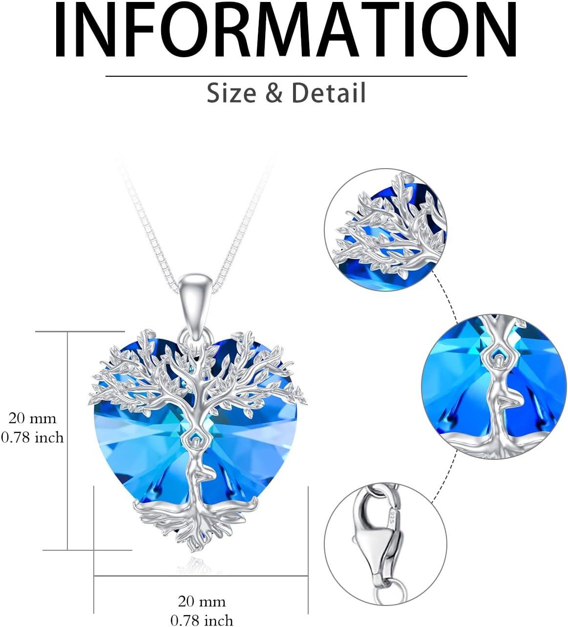wholesale 925 Sterling Silver Blue Crystal Heart Tree of Life Pendant Necklace s for Women Girls-0-4