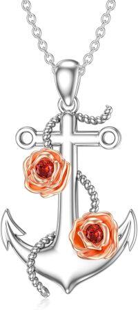wholesale 925 Sterling Silver Anchor Rose Garnet & Topaz Pendant Necklace for Women Gifts-01-Rose-Garnet