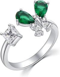 wholesale 925 Sterling Silver Sapphire Emerald Green Dragonfly Butterfly Adjustable Ring-Butterfly-Emerald