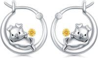 wholesale  925 Sterling Silver & 18k Gold Plated Pig Hoop Earrings with Sunflower, 15mm Cute Pig Jewelry Gifts for Women-3-Pig Sunflower