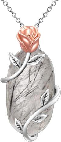 wholesale Sterling Silver Gemstone Dainty Pendant Necklace for Women Mom Gift-Rose-Black Rutilated Quartz