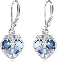 wholesale 925 Sterling Silver Blue Crystal Moonstone Anchor Heart Drop Earrings - Nautical  for Women-Aquamarine