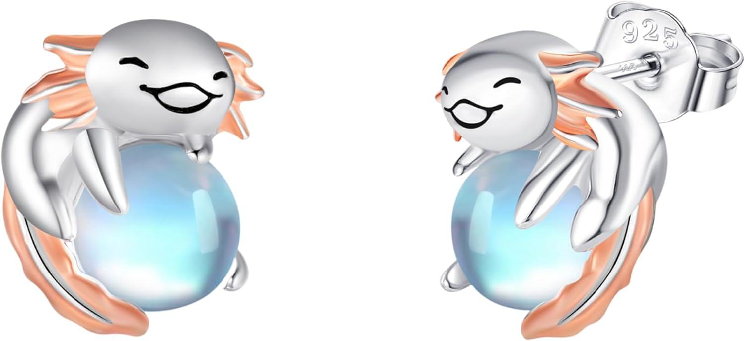 925 Sterling Silver Moonstone Axolotl Stud Earrings-0-0