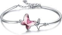 wholesale Sterling Silver Austrian Crystal Infinity Morpho Helena Butterfly Bangle Bracelet-C2 Morpho Helena Butterfly - Pink