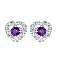 wholesale 925 Sterling Silver Birthstone Heart Stud Earrings Jewelry Gifts for Women-Silver-02-Feb-Zirconia