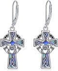wholesale 925 Sterling Silver Cross Claddagh Drop Earrings with Blue Abalone Shell and Black CZ Stones for Women-0-0