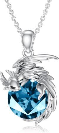 wholesale Sterling Silver Birthstone Wyvern Dragon Pendant Necklace for Women-March(Aquamarine)