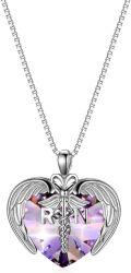 wholesale Sterling Silver Austrian Crystal RN NP LPN Caduceus Pendant Necklace w Angel Heart Charm Nurse Graduation Gift-0-18