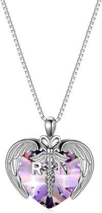 wholesale Sterling Silver Austrian Crystal RN NP LPN Caduceus Pendant Necklace w Angel Heart Charm Nurse Graduation Gift-Nurse-RN-Light Purple