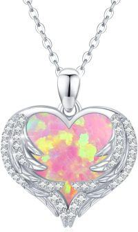 wholesale 925 Sterling Silver Pink Opal Heart with Wings Pendant Necklaces - Dainty s for Her-Pink Opal Wings