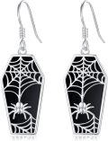 wholesale 925 Sterling Silver Gothic Coffin Dangle Earrings with Spider Web & Black Cat Design - Halloween s for Women-0-0