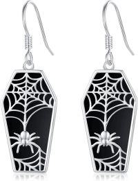 wholesale 925 Sterling Silver Gothic Coffin Dangle Earrings with Spider Web & Black Cat Design - Halloween s for Women-Spider