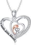wholesale 925 Sterling Silver I Love You Mom Double Heart Necklace with Cubic Zirconia and Rose Gold Accents - Mothers' Day Gift for Her-0-0