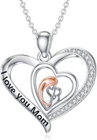 wholesale 925 Sterling Silver I Love You Mom Double Heart Necklace with Cubic Zirconia and Rose Gold Accents - Mothers' Day Gift for Her-Mom Hug-1