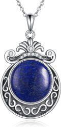wholesale 925 Sterling Silver & Natural Lapis Lazuli Vintage Nordic Flower Pendant Necklace-0-0