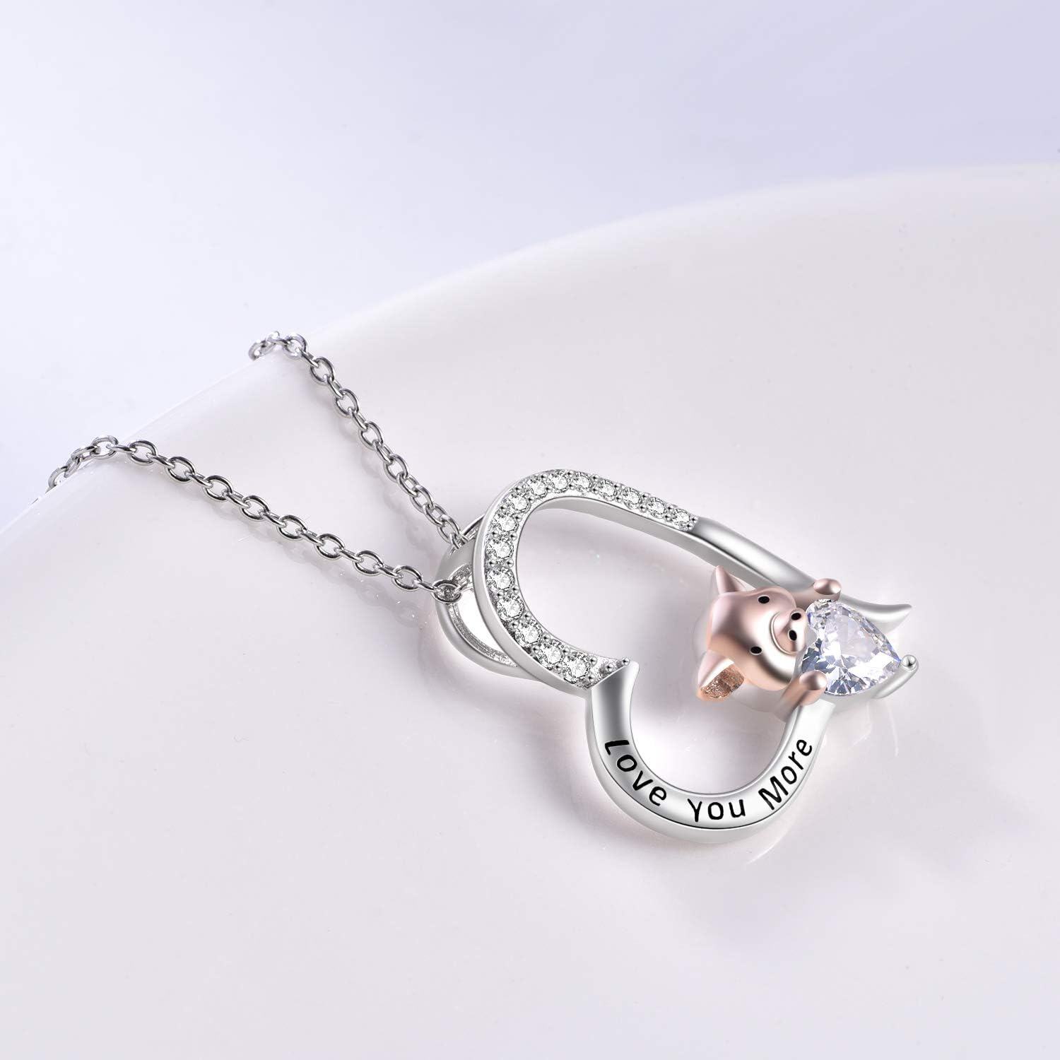 Sterling Silver CZ Pig Pendant Heart Necklace for Women Birthday Gifts-0-2