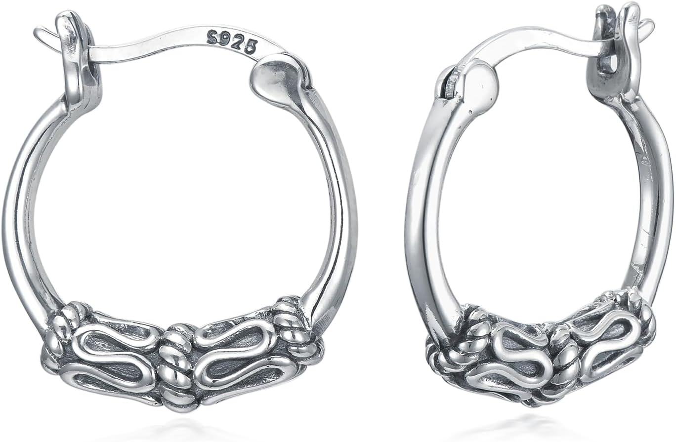 Sterling Silver Bali Boho Oxidized Hypoallergenic Huggie Hoop Earrings for Women Jewelry Gifts-0-1