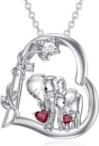 wholesale Sterling Silver Moissanite Birthstone Elephant Family Mom Necklace 18+2 Chain-July-Ruby