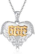 wholesale 925 Sterling Silver Angel Number 666 Heart Wings Pendant Necklace with Cubic Zirconia and Gold Plating on White Background - Length: Adjustable from 37 to 45 cm (18+ inches)-0-0
