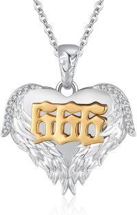 wholesale 925 Sterling Silver Angel Number 666 Heart Wings Pendant Necklace with Cubic Zirconia and Gold Plating on White Background - Length: Adjustable from 37 to 45 cm (18+ inches)-666