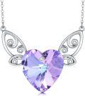 wholesale 925 Sterling Silver Purple Crystal Heartbeat Winged Love Pendent Necklaces for Women-0-0