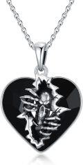 wholesale 925 Sterling Silver Heart-Shaped Black Onyx Skull Pendant Necklace for Women-0-0