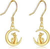 wholesale 14K Gold Crescent Moon & Cat Dangle Earrings - Gemstone s for Her-Gold-Cat Earrings