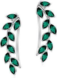 wholesale Sterling Silver Austrian Crystal Leaf Ear Climbers Hypoallergenic Earrings for Sensitive Ears-Simulated Emerald