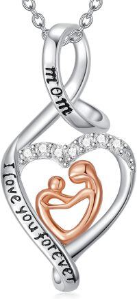 wholesale 925 Sterling Silver Heart-Shaped Mom and Child Pendant Necklace with Cubic Zirconia Elements - I Love You Forever Inscription-01_Mom with 1CHD