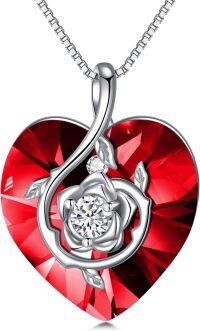 wholesale 925 Sterling Silver Birthstone Heart Rose Pendant Necklace for Women-1-Jan-Garnet