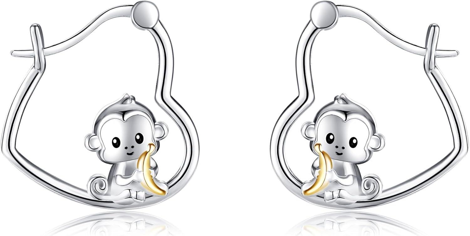 Sterling Silver Monkey Raccoon Banana Earrings Animal Earrings for Girls-0-0