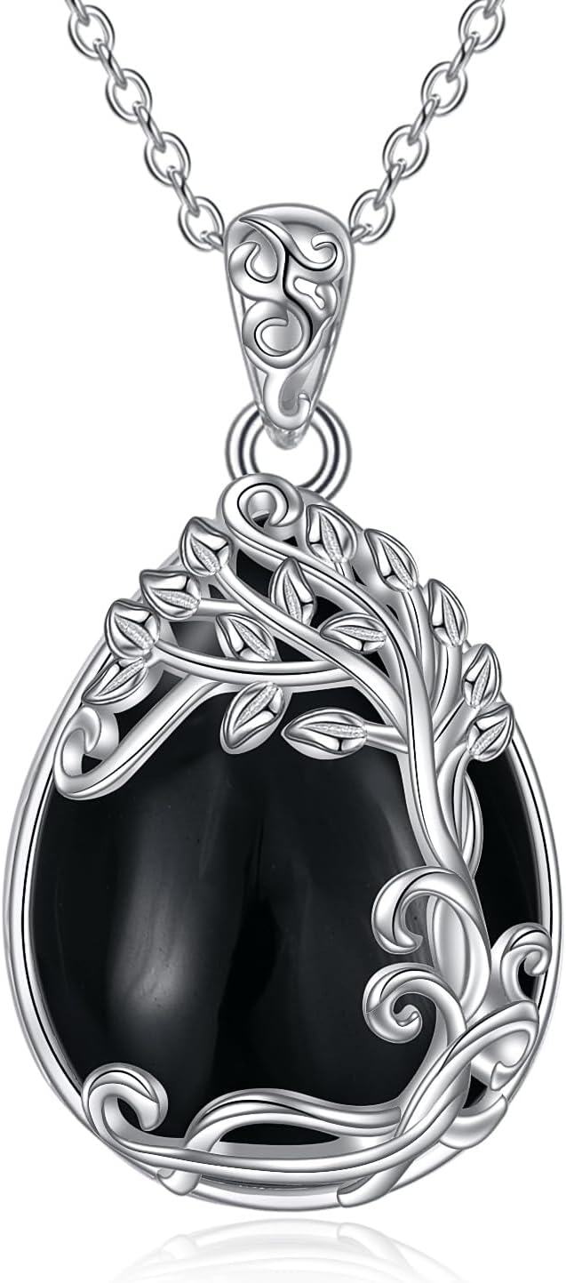 Sterling Silver Moonstone Filigree Teardrop Pendant Necklace for Women-MM-Tree of Life Black Onyx Necklace