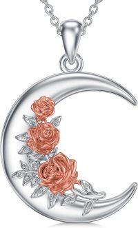 wholesale 925 Sterling Silver Crescent Moon with Rose Flowers Birthstone Necklace for Women-6-Jun-Rose