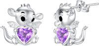 wholesale Sterling Silver Birthstone Cute Dinosaur Stud Earrings for Women-February