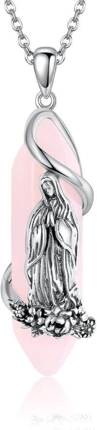 wholesale 925 Sterling Silver Pink Stone Guadalupe Pendant Necklace Catholic Christian Jewelry-Virgin Mary Necklace