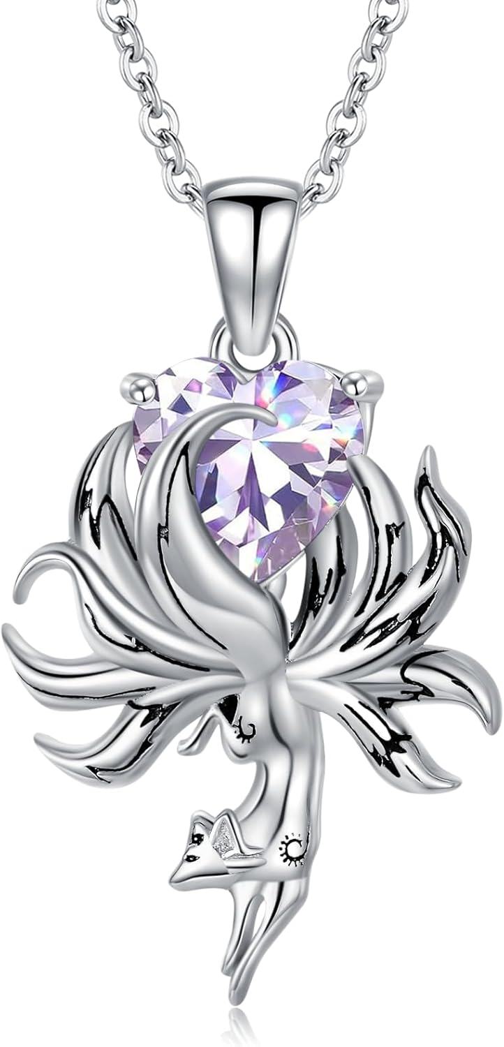 Sterling Silver Fox Pendant Necklace w Birthstone Women s Jewelry Gift-06-June