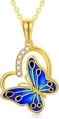 wholesale 14K Gold Blue Enamel Butterfly Heart Pendant Necklace for Women-0-0