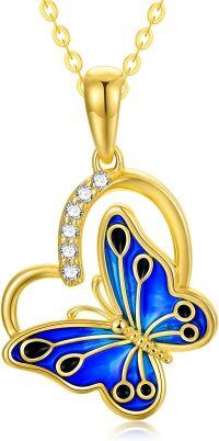 wholesale 14K Gold Blue Enamel Butterfly Heart Pendant Necklace for Women-Yellow Gold