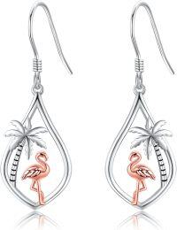 wholesale 925 Sterling Silver Flamingo Palm Tree Teardrop Dangle Earrings for Women-flamingo