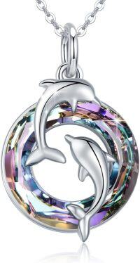 wholesale 925 Sterling Silver Dolphin Necklace with Rainbow Crystal Pendant for Women's Mothers Day Gifts-Light Purple Dolphin Necklace